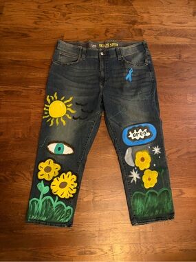 Lee Painted Denim Jeans with Bright Floral Artwork, embroidery, and bling.